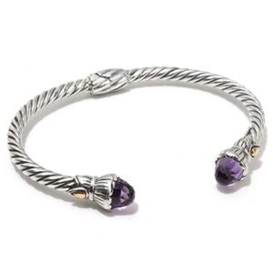 Bali Silver Amethyst Tulip Cable Hinged Cuff with 18K Gold Accents